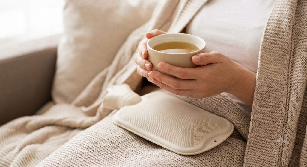 Home comfort measures, showing a person with a reusable hot water bottle and a cup of herbal tea, symbolizing gentle self-care.
