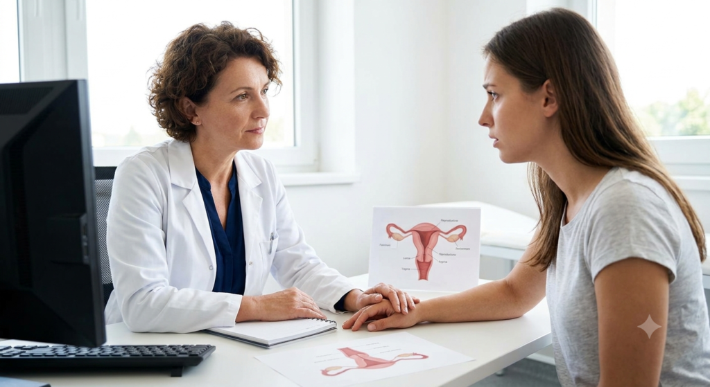 A doctor’s office consultation, where Dr. Ayers is discussing potential pelvic health issues with a patient.