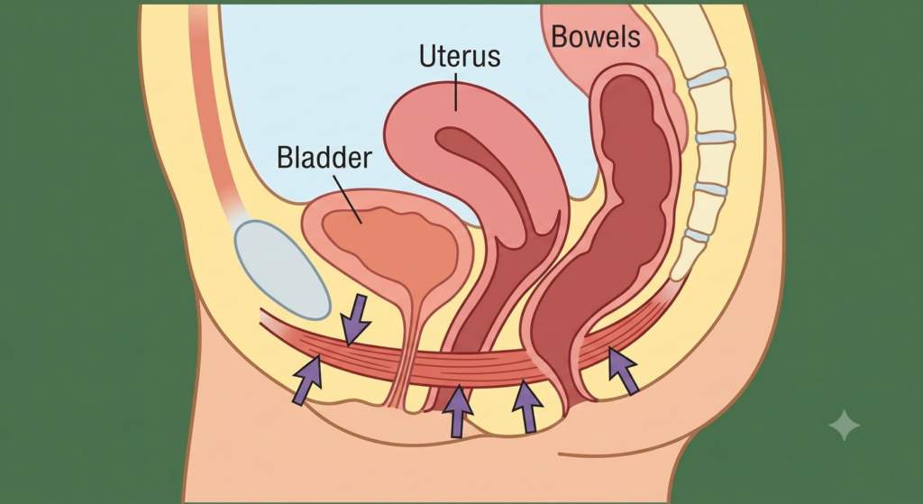 Simplified anatomy of the female pelvic floor, showcasing the bladder, uterus, bowels, and the support from pelvic floor muscles.