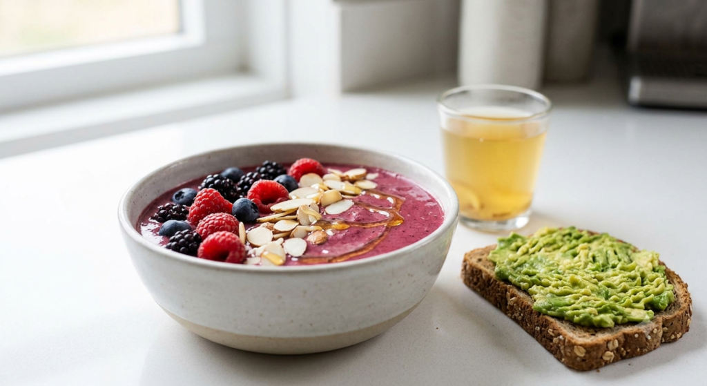 A nutrient-dense smoothie bowl and ginger tea, representing easily consumable, high-quality nutrition when appetite is low.